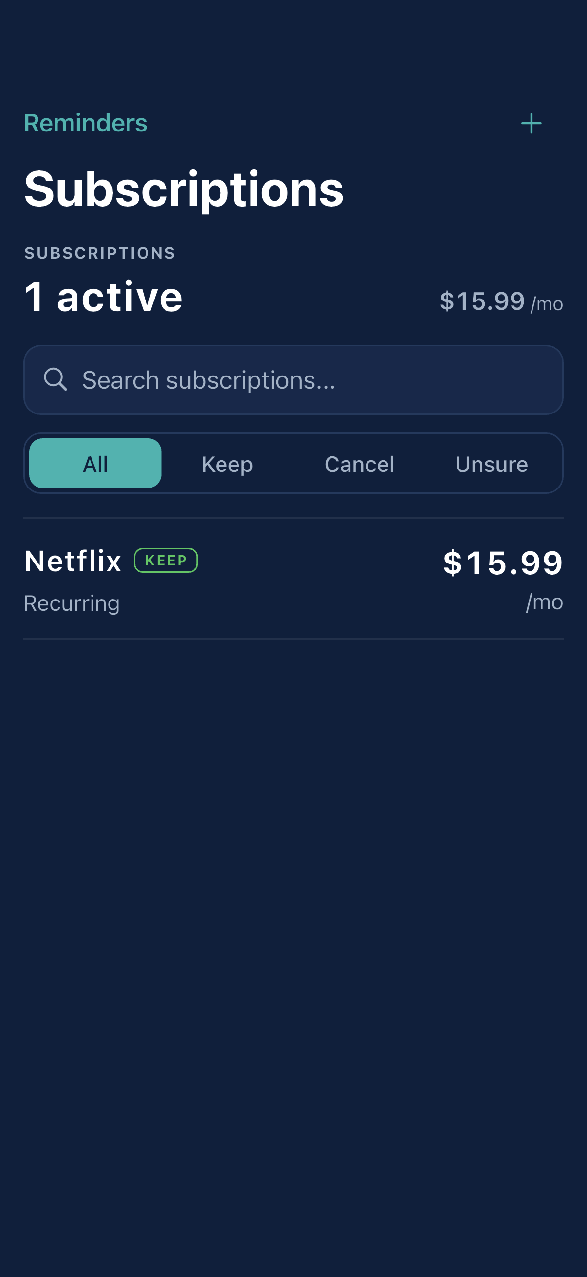 SubLens dashboard showing detected subscriptions and the monthly subscription total