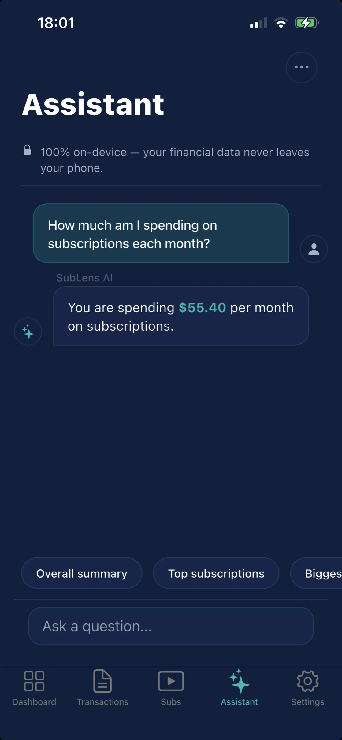 The assistant answering a question about monthly subscription spending.