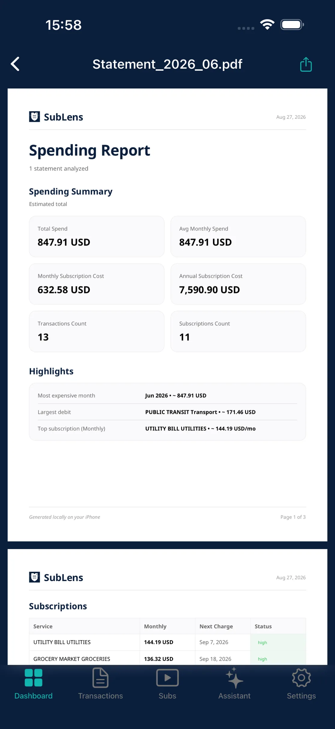 A generated PDF spending report showing the summary and highlights.