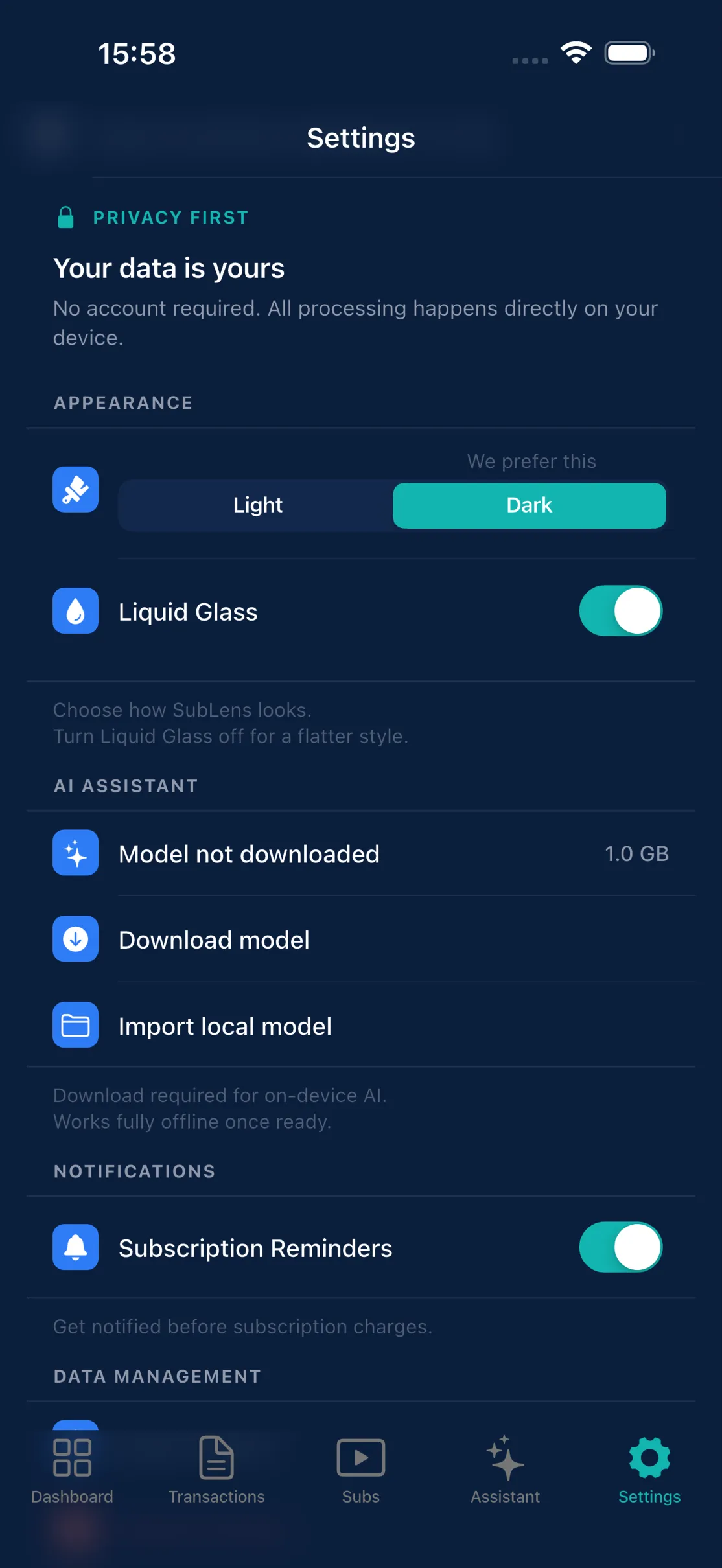 The Settings screen explaining that no account is required and all processing happens on the device.
