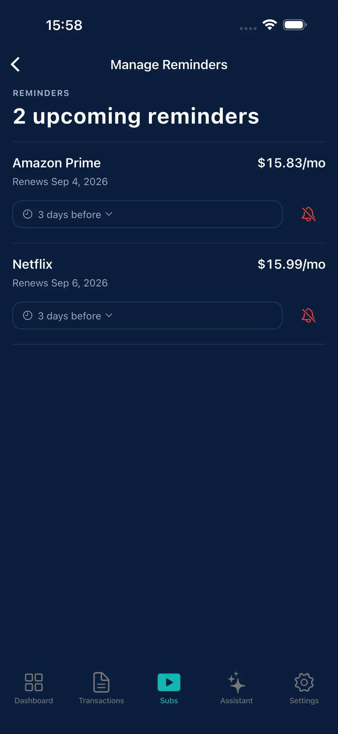 The Manage Reminders screen with two upcoming renewal reminders.