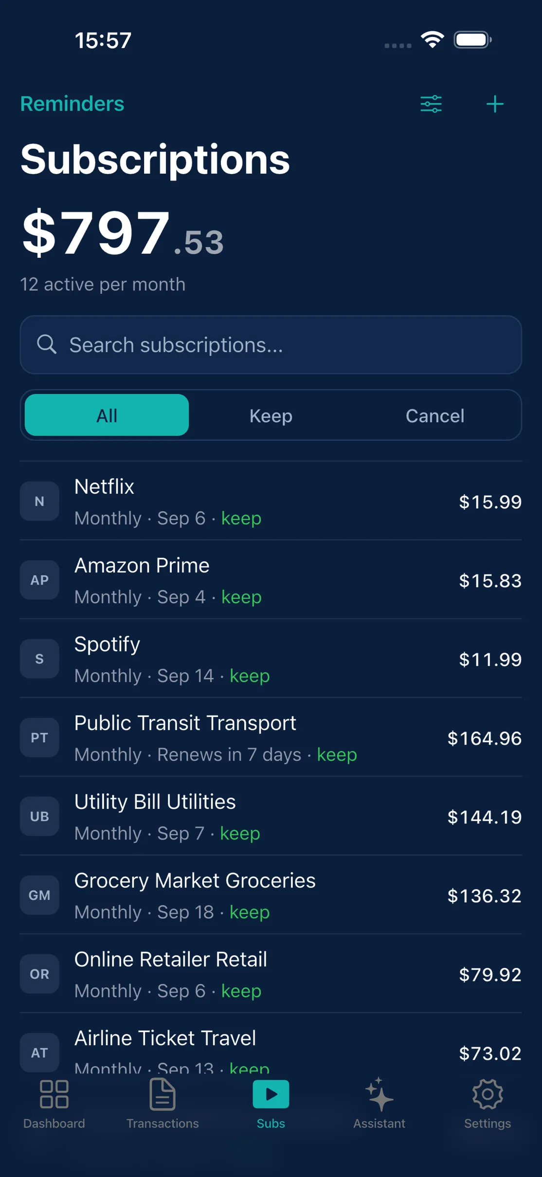 The Subscriptions list totalling $797.53 a month across 12 active subscriptions.